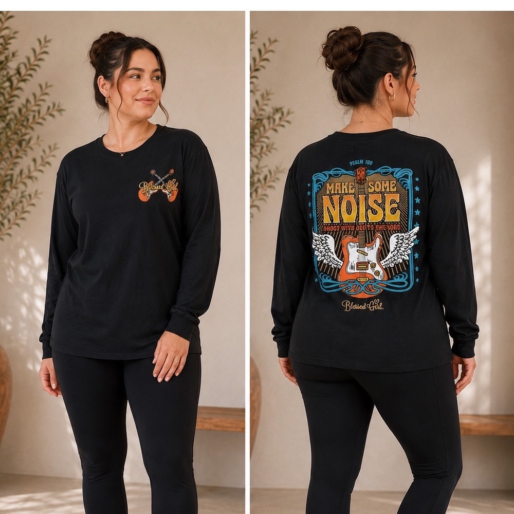 Blessed Girl Make Some Noise Christian Long Sleeve T-Shirt Black Small  NWT